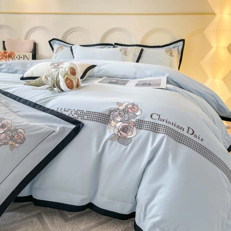 高档轻奢100s全棉磨毛加厚刺绣四件套简约纯色欧式床单床笠款国风