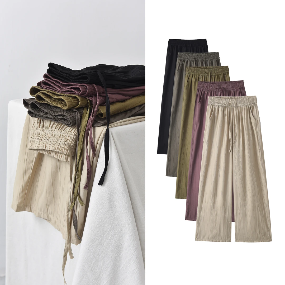 【褶皱凉感裤】宽松休闲阔腿长裤夏季新款百搭文艺垂感阔腿裤女复古