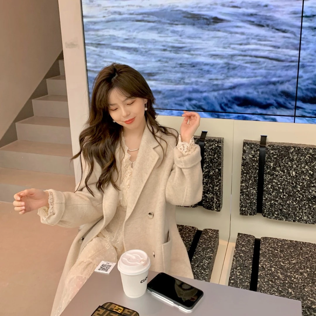 金蘑菇菇 宝藏大衣~新款人字纹双面尼毛呢大衣