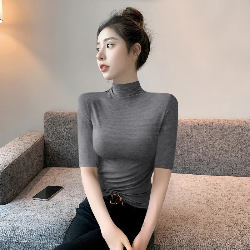黑色半高领螺纹中袖五分袖t恤女2025夏季修身百搭基础款打底上衣
