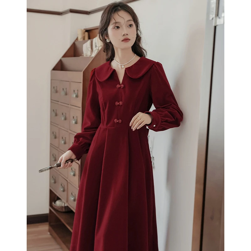 新中式改良敬酒服新款新娘酒红色晚礼服平时可穿订婚连衣裙结婚冬