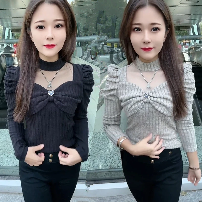 秋冬潮款网纱拼接设计半高领长袖修身T恤洋气韩版减龄可内搭小衫