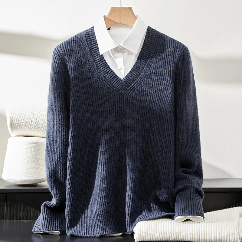 2025加厚V领羊绒衫男秋冬套头保暖针织羊绒毛衣