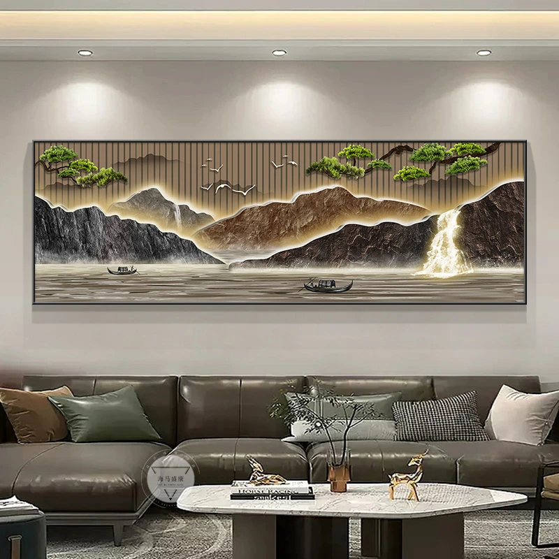 迎客松新中式茶室装饰画客厅沙发背景挂画禅意办公室聚财山水壁画