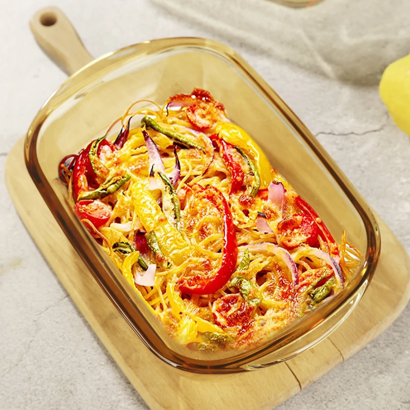 明尚德福利款琥珀色长方形烤盘单支装玻璃盘双耳网红蒸鱼透明家用