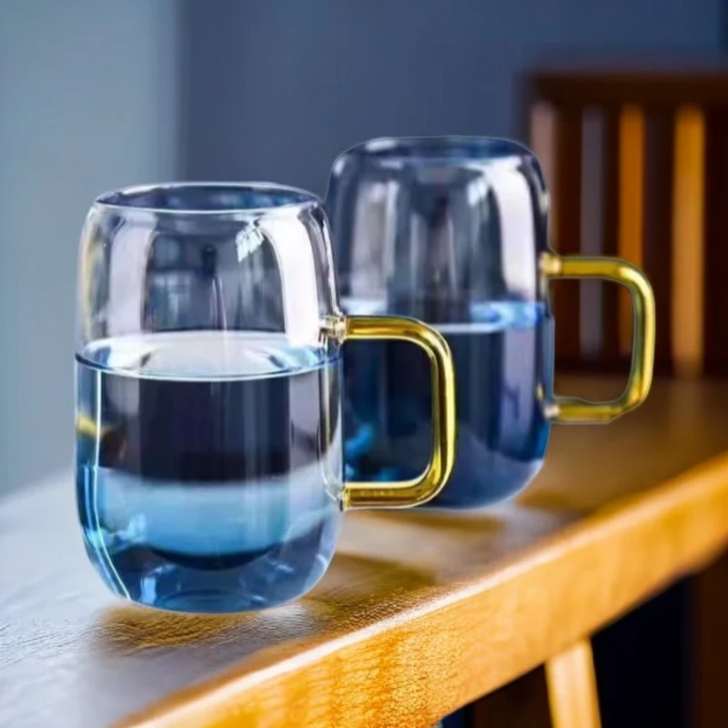 明尚德渐变蓝色水杯云石杯两只装玻璃水杯茶杯透明家用简约大容量