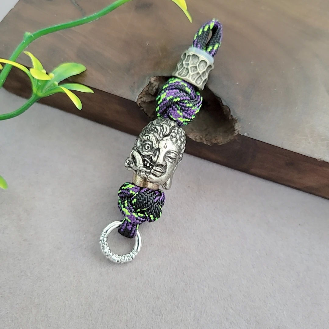 EDC推牌吊坠钥匙挂件包挂白铜佛魔一念之间伞绳编织