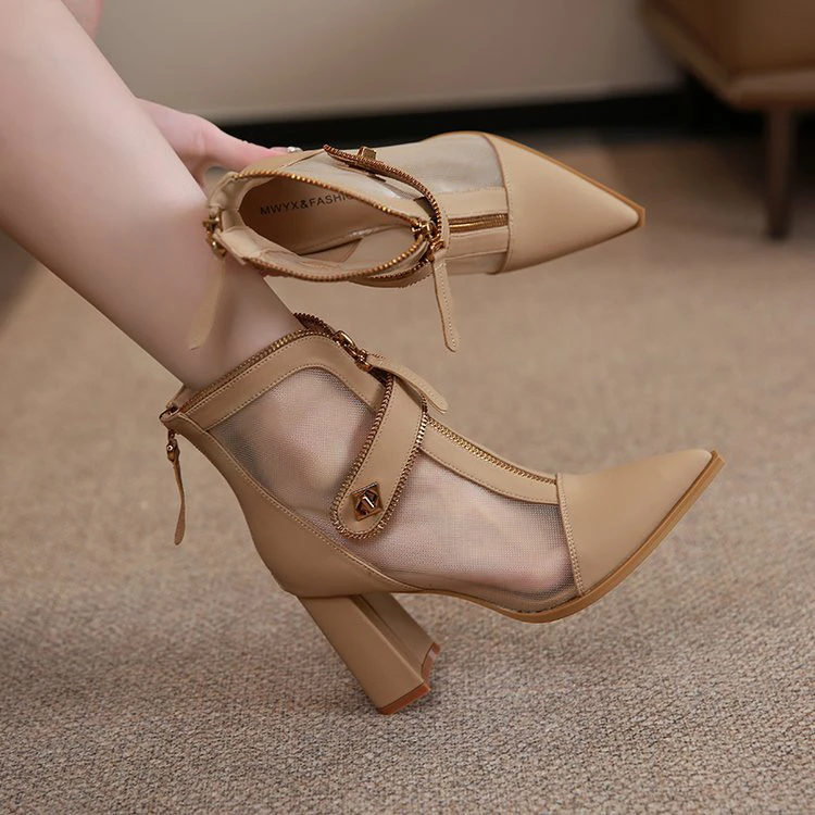 粗跟短靴女尖头高跟鞋网靴凉靴子2024春秋新款拼接双拉链百搭单靴