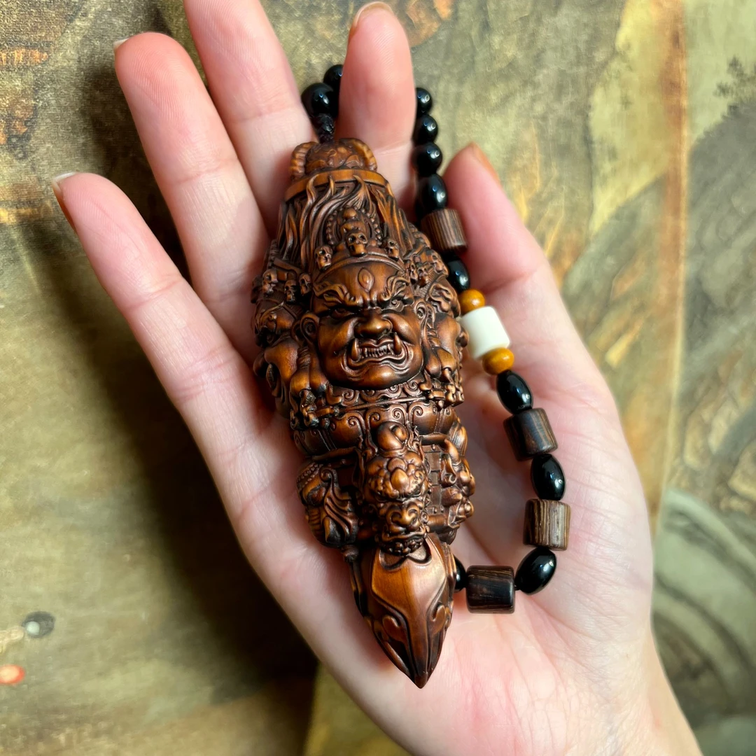 黄杨木仿古大黑天降杵杵手把件挂件10公分