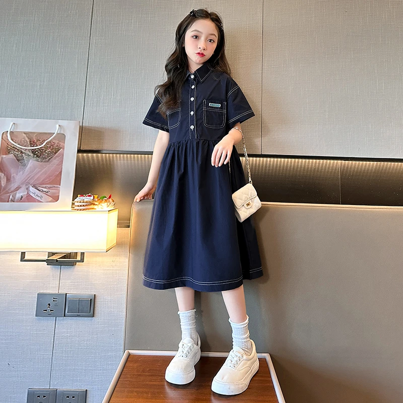 女童短袖夏装连衣裙2023新款洋气儿童装夏季时髦学院风休闲牛仔裙