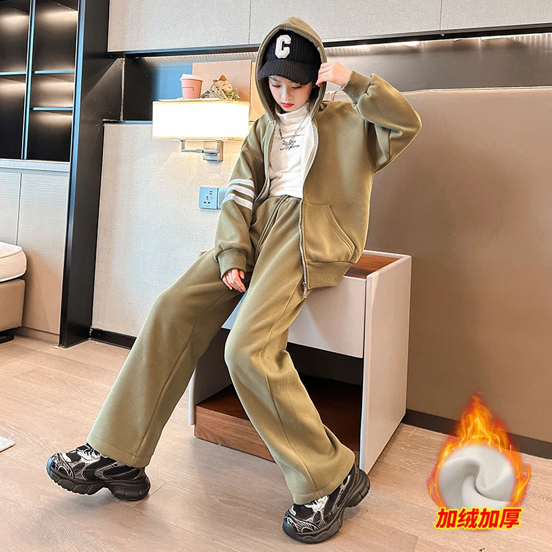 加绒套装女童秋冬运动装阔腿裤两件套2023新款冬季加厚中大童洋派