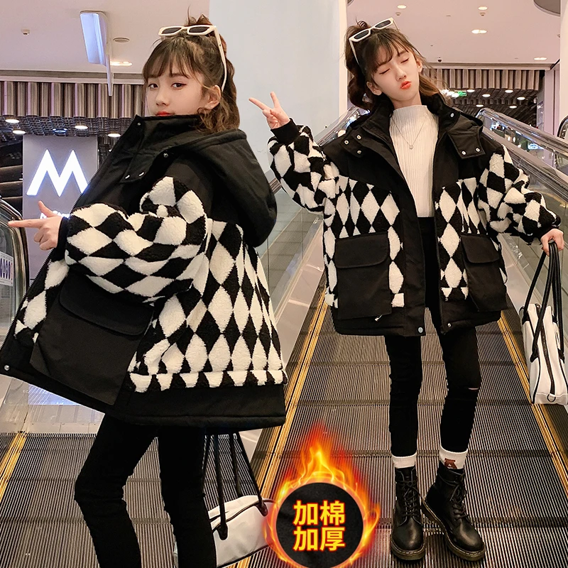 女童冬装外套2023新款洋派儿童羊羔绒加绒棉衣秋装女大童棉服加厚
