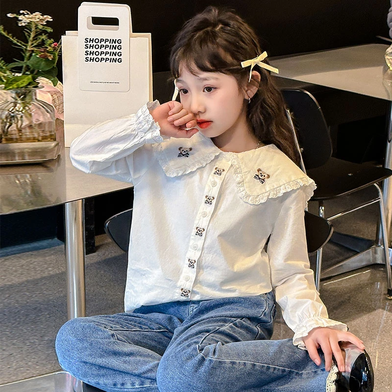 女童衬衫春秋款儿童白色衬衣春装大童长袖打底衫小女孩花边领上衣