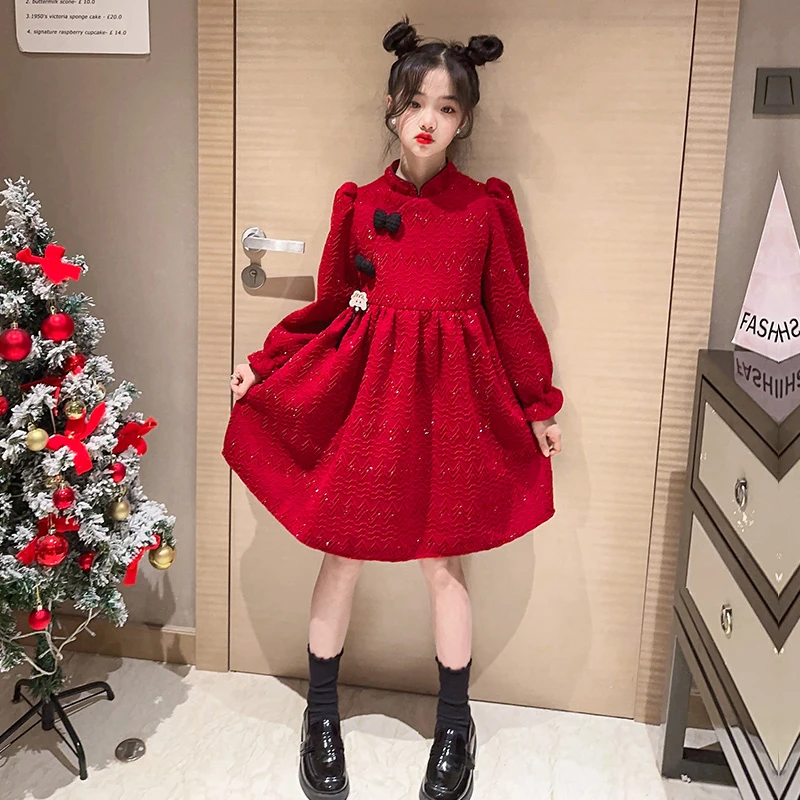 女童连衣裙冬装中国风洋气加绒中大童女孩公主裙儿童红色裙子过年