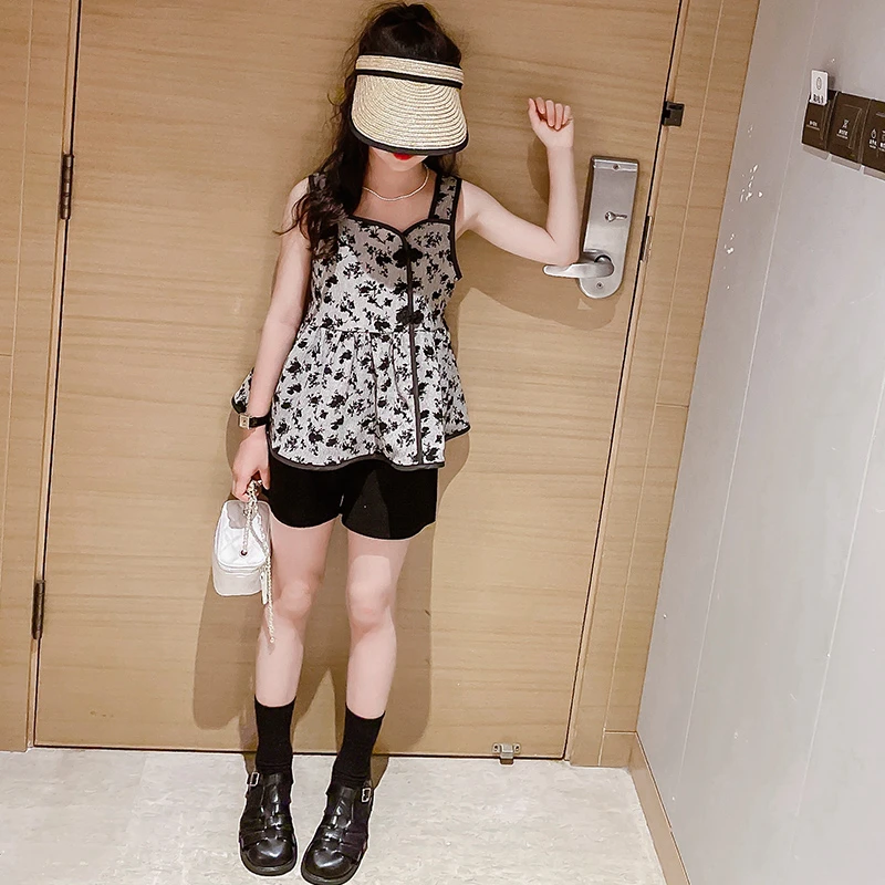 女童夏装套装2023新款儿童洋气吊带背心中大童短裤复古休闲两件套