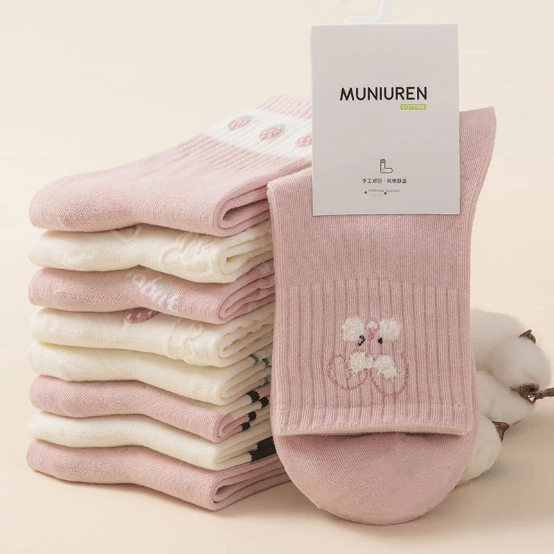 袜子纯棉100%全棉女堆堆袜无骨袜学生秋季加厚中筒袜纯棉防臭长袜