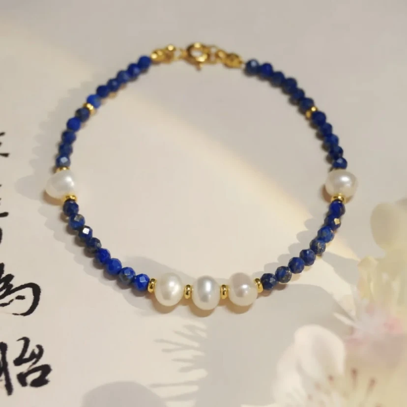 天然青金石淡水珍珠手链气质百搭蓝色手串复古高级感手饰闺蜜礼物