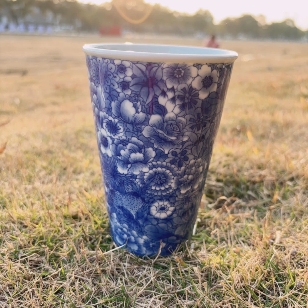 景德镇柴窑纯手工手绘釉下青花可乐杯