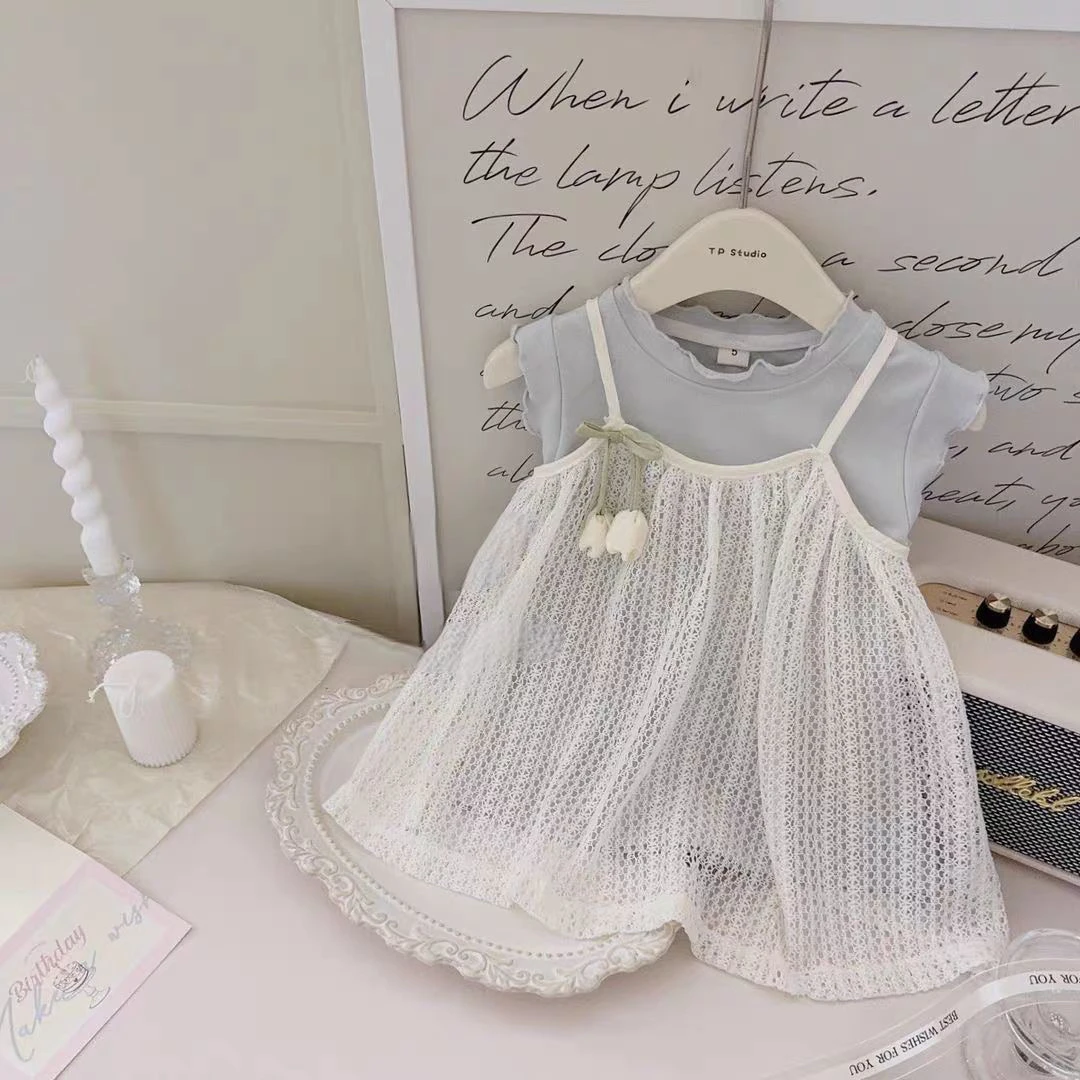 女童夏季洋气连衣裙2025新款吊带裙套装女宝宝韩版可爱短袖公主裙