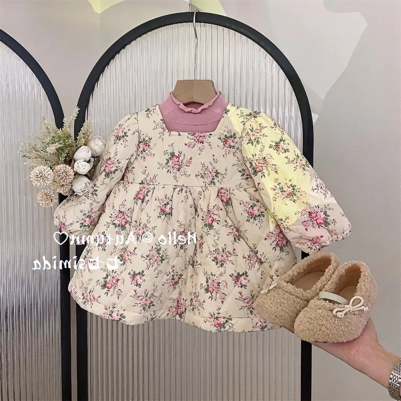 女童碎花棉裙套装2024新款秋冬装洋气夹棉加厚德绒打底衫两件套