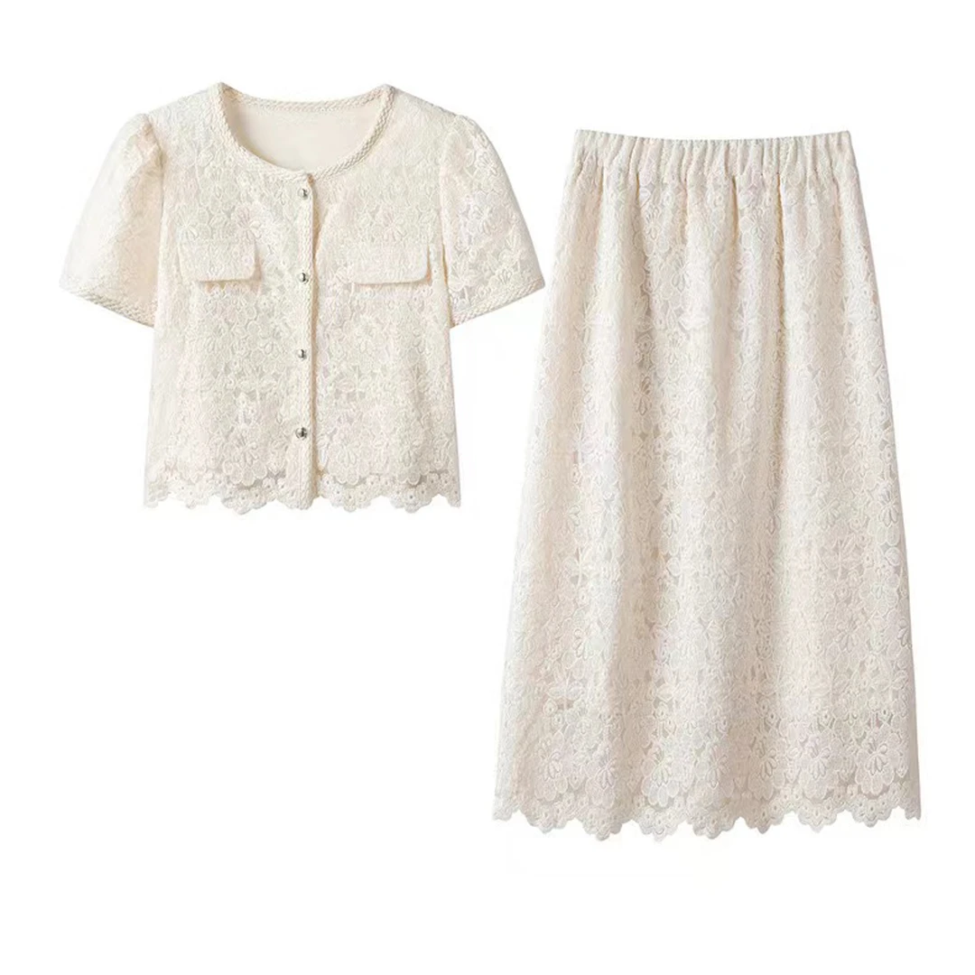 法式蕾丝网纱舒适透气轻奢气质套装89152