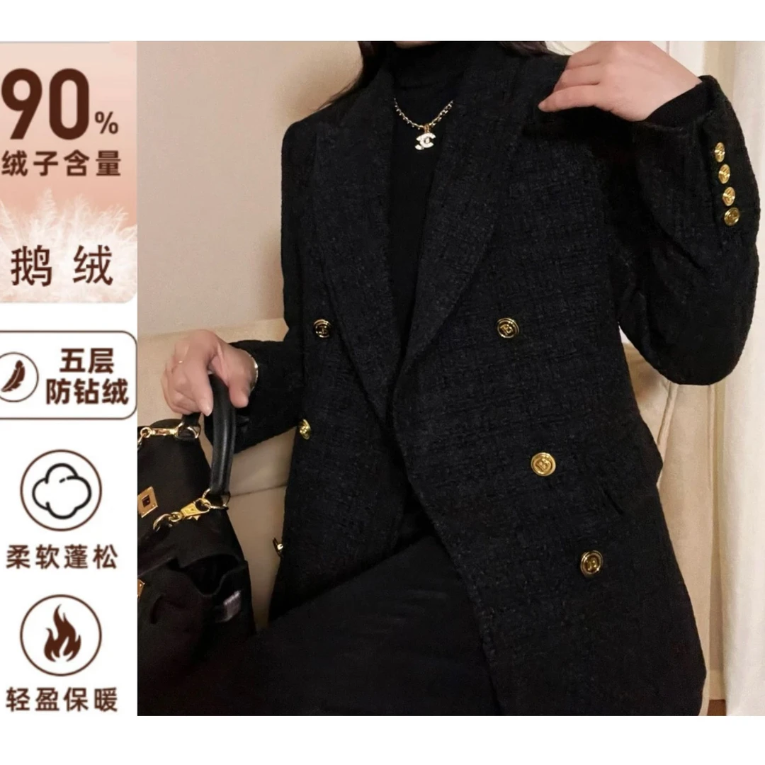 90鹅绒西装外套高阶英伦赫本黑色西装外套冬季鹅绒外套TYAW263