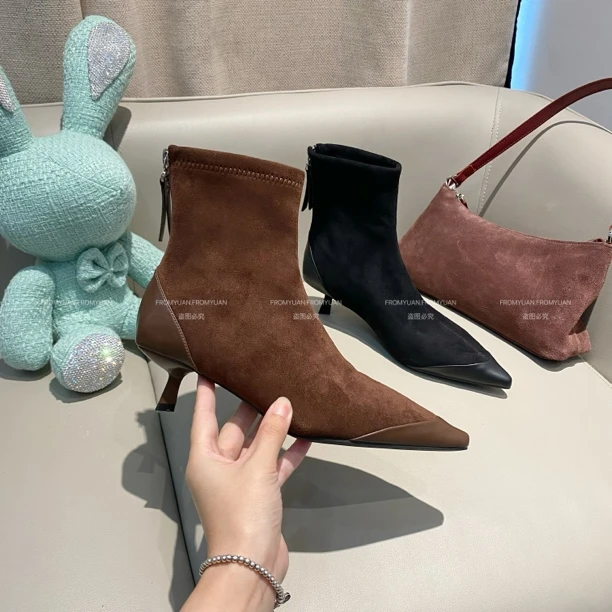 88159高跟鞋气质【3cm跟】时尚百搭黑色细跟弹力秋冬瘦瘦靴法式