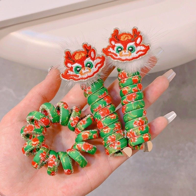 新年龙宝电话线卷卷发圈儿童龙年国潮发饰女童拜年头花碎花头绳女