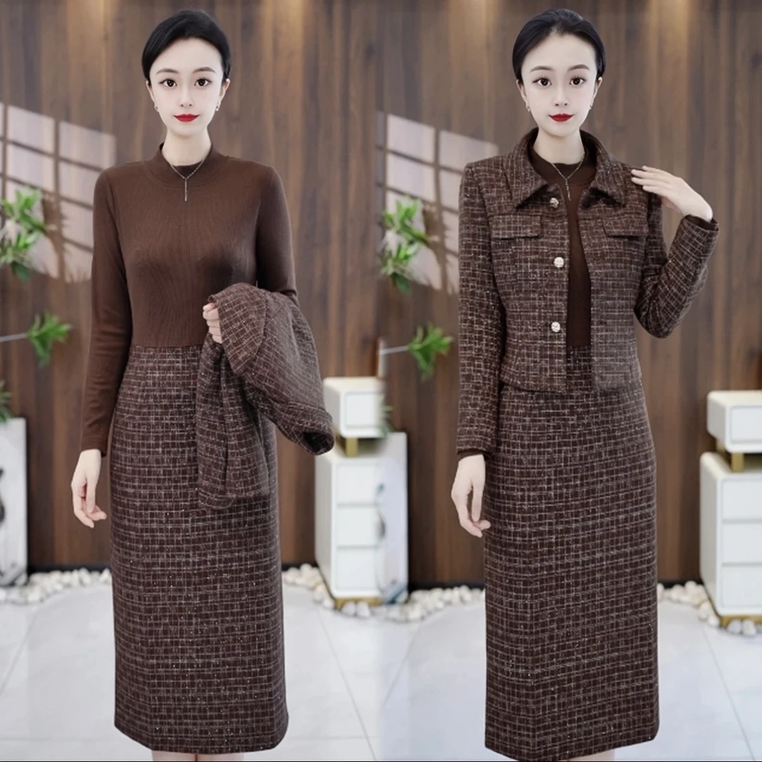 秋季洋气大码女装两件套套装气质精纺外套针织拼接显瘦A字连衣裙