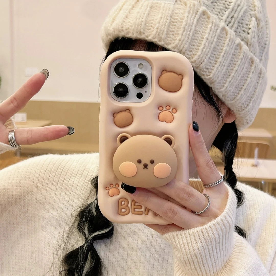 （适用于苹果华为)小熊懒人支架可爱卡通立体软硅胶防摔全包手机壳