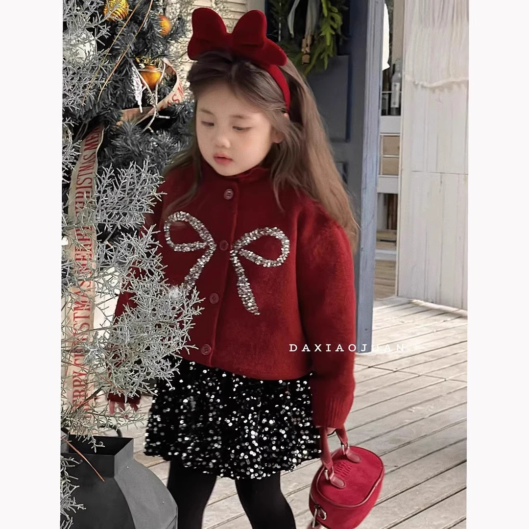 女童毛衣2024儿童香风圣诞开衫红色蝴蝶结亮片加厚毛衣亮片裙套装