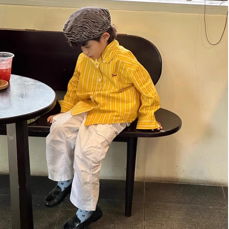 韩国童装儿童衬衫2025秋季新款男女童时髦拼色条纹长袖衬衣外套潮