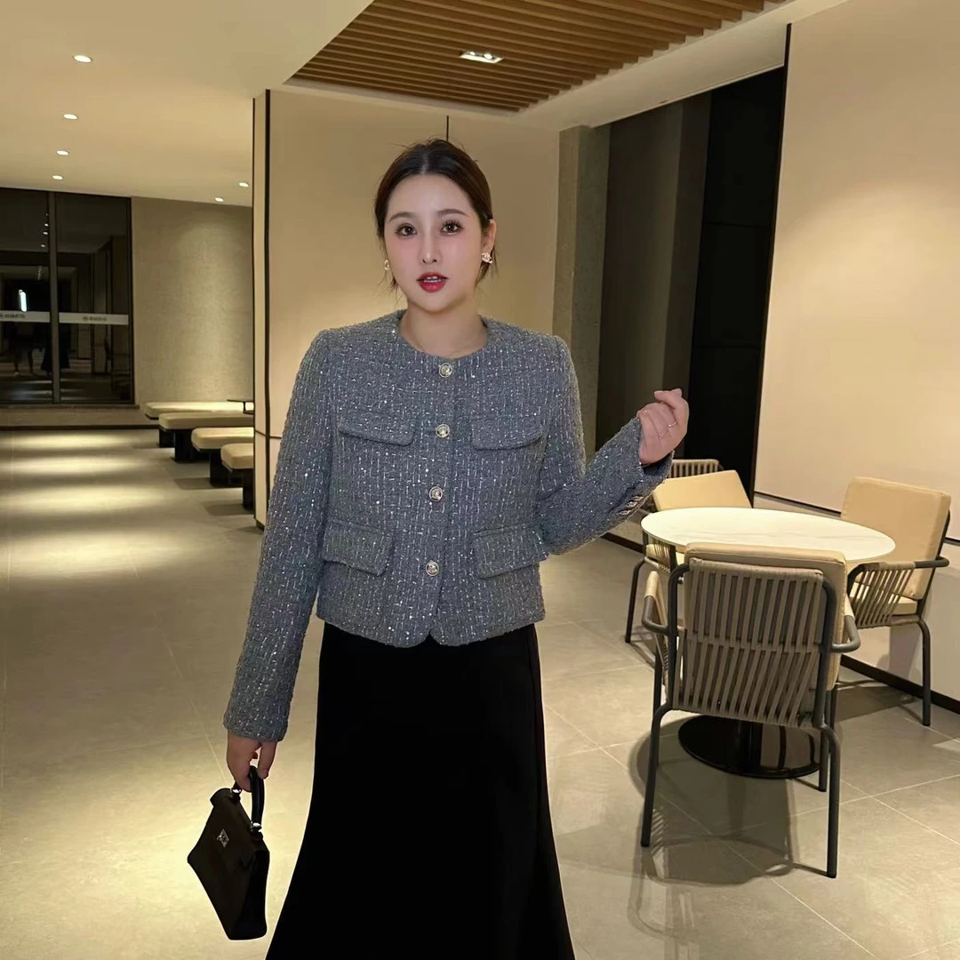 微胖温柔【纪念日】粗花呢复古单排扣亮片小香风外套WR9045