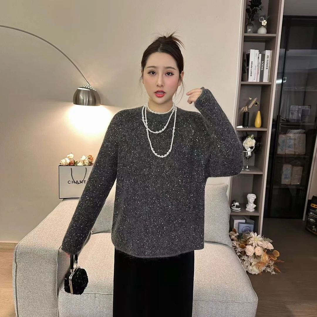 微胖温柔【闪闪繁星】显瘦小香气质亮片保暖马海毛针织毛线衫WR9133