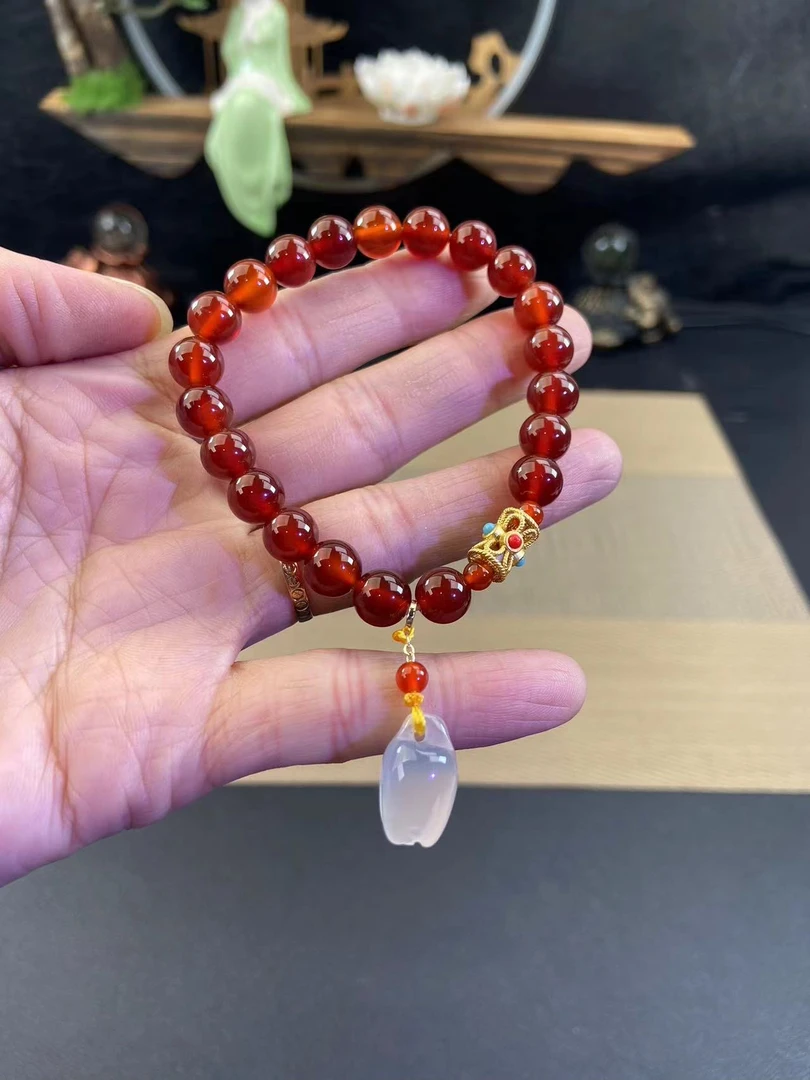 天然巴西红玛瑙8m玉兰花吊坠手链