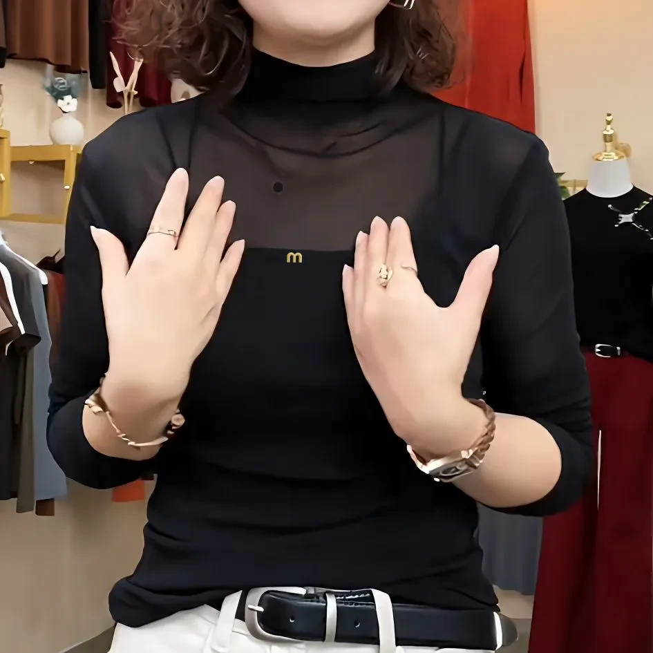 时尚网纱纯色长袖上衣女新款洋气百搭半高领修身显瘦蕾丝打底小衫