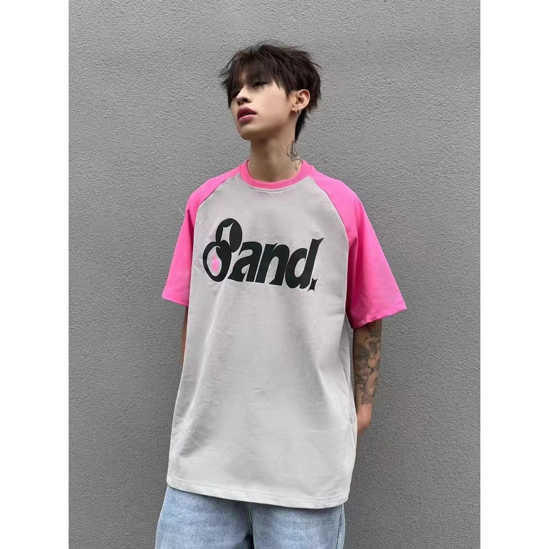 8and原创灰蓝黑粉撞色插肩袖拼接印花280g纯棉宽松短袖t恤情侣夏