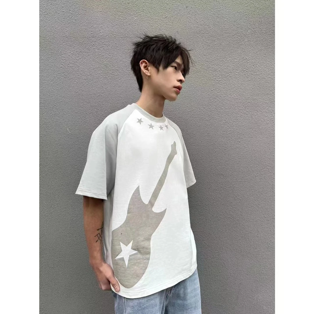 电次羊原创电吉他插肩短袖280g纯棉宽松半袖羊头刺绣英文短袖t