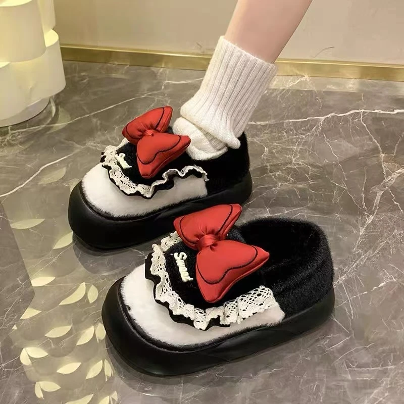 冬天可爱棉拖鞋蝴蝶结公主小香风女款室内家居毛毛拖鞋防滑厚底