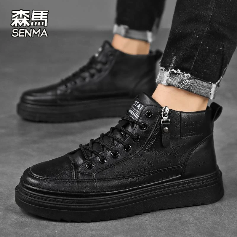 森马男鞋秋冬2023新款皮鞋男士休闲工作中帮增高工装侧拉链劳保马