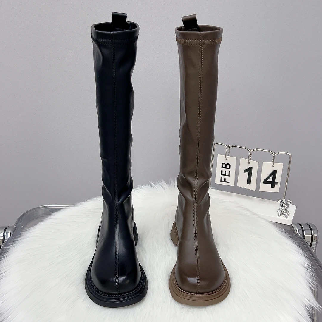 女款女士薄底显瘦骑士靴子女靴2024年加绒高筒靴平口靴子女长筒靴