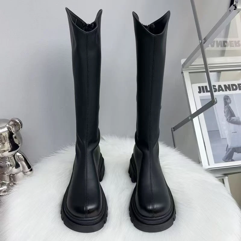 真皮长筒靴女秋冬加绒小个子内增高厚底骑士靴子弹力高跟高筒长靴