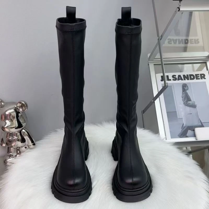 女士真皮高筒春季骑士黑色长筒百搭鞋子女款爆款靴子女长筒靴长靴