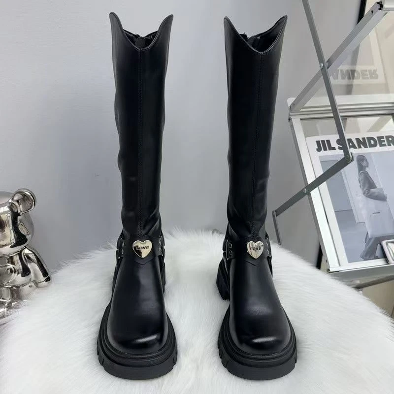 欧货皮搭扣长筒靴女厚底增高骑士靴后拉链高筒靴子长靴英伦风显瘦