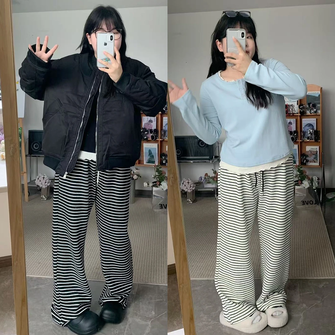 大码女装秋动直筒休闲慵懒风条纹裤直筒裤/加绒 3906