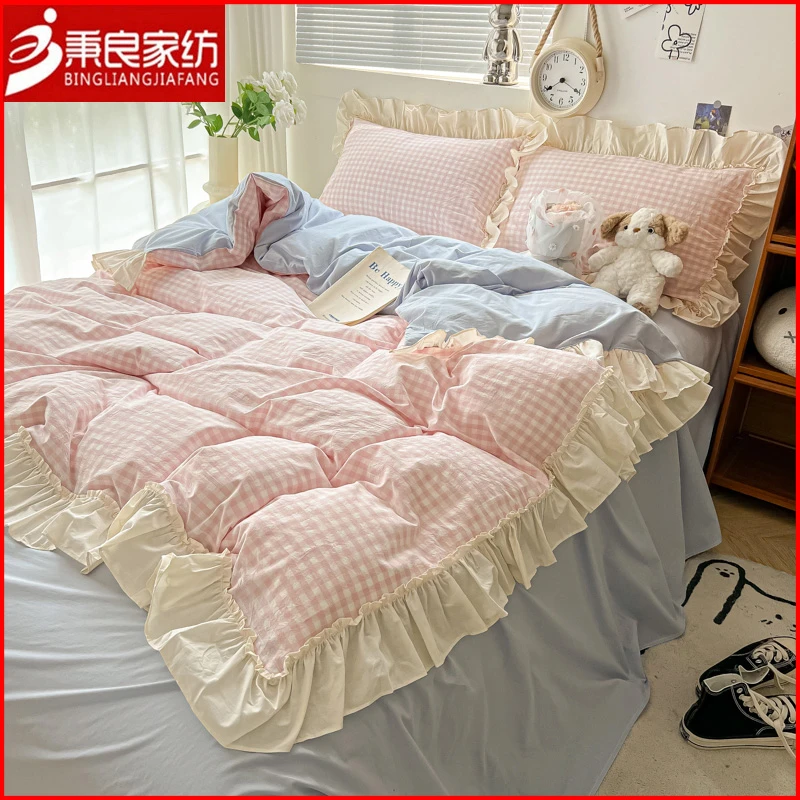 ins公主风韩式花边软糯四件套少女心纯色床单床裙宿舍床上三件套4