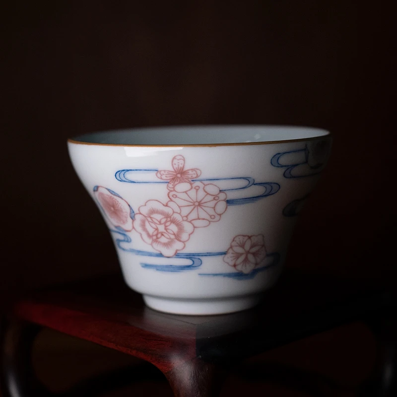 龙圣华苑景德镇谷雨山房手绘青花釉里红祥云皮球花福禄杯手工茶杯