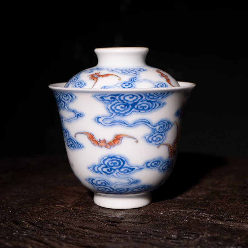 龙圣华苑景德镇陶人临古手绘青花矾红洪福齐天小盖碗手工岩茶盖碗