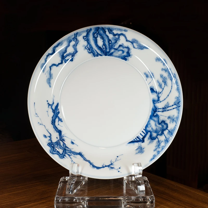 龙圣华苑景德镇陶人临古手绘青花松竹梅壶承手工陶瓷干泡盘盖碗托