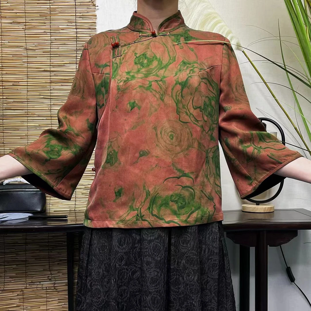 【回馈季】国风盘扣春秋款洋气短上衣粉底绿玫瑰LBF-3011